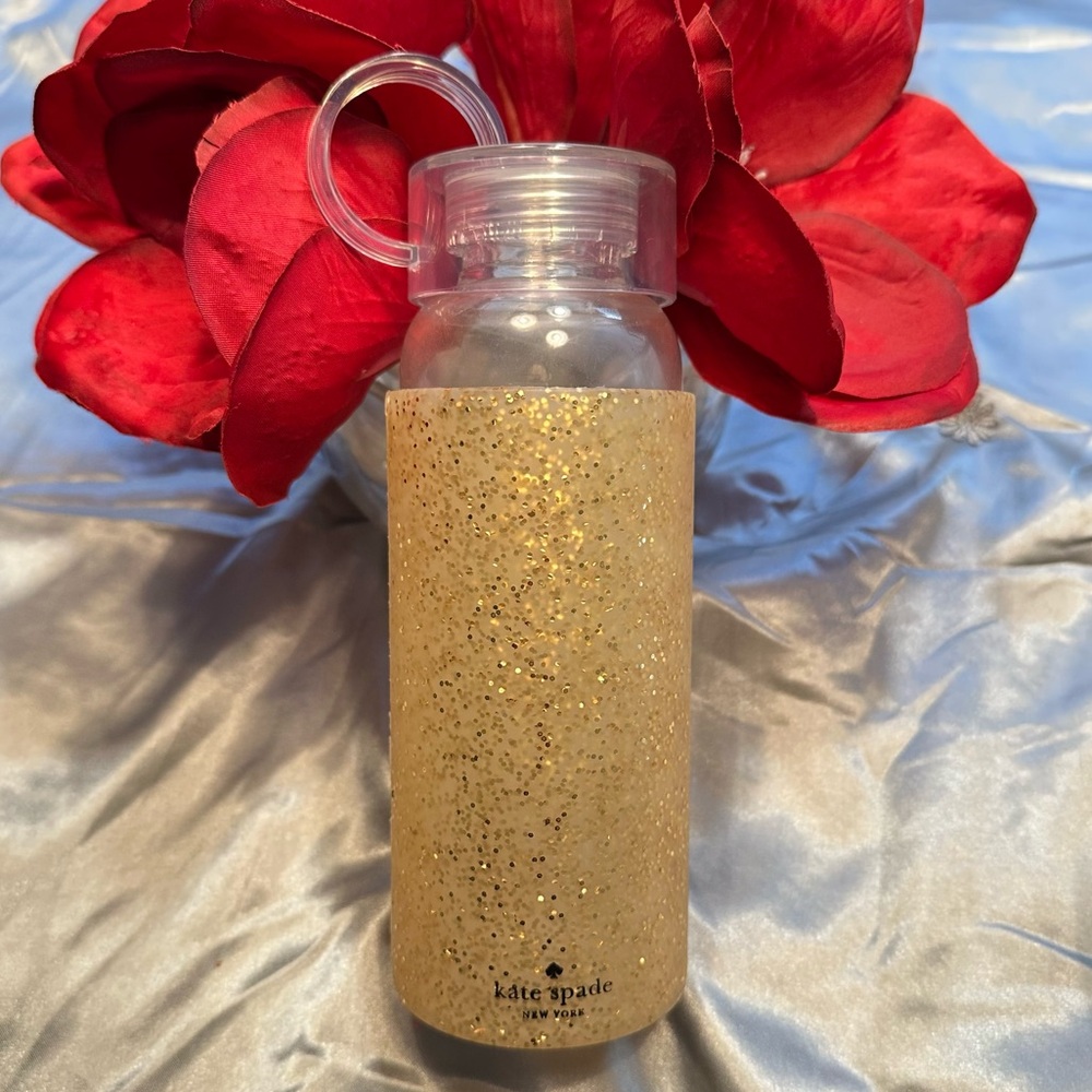 🌹Kate Spade • 16 Oz Sparkling Glass Glitter Gold Water Bottle •